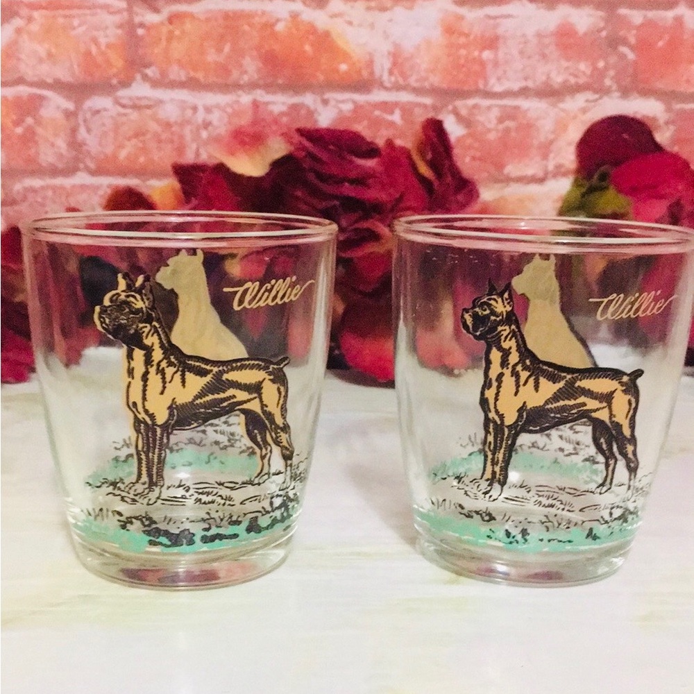 Vintage MCM Hazel Atlas Willie Boxer Dog Glass Tumbler - Set of 2